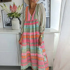 Robe longue bohème imprimé ethnique, manches bouffantes, col V