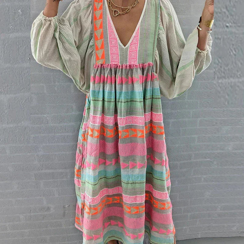 Robe longue bohème imprimé ethnique, manches bouffantes, col V