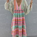Robe longue bohème imprimé ethnique, manches bouffantes, col V