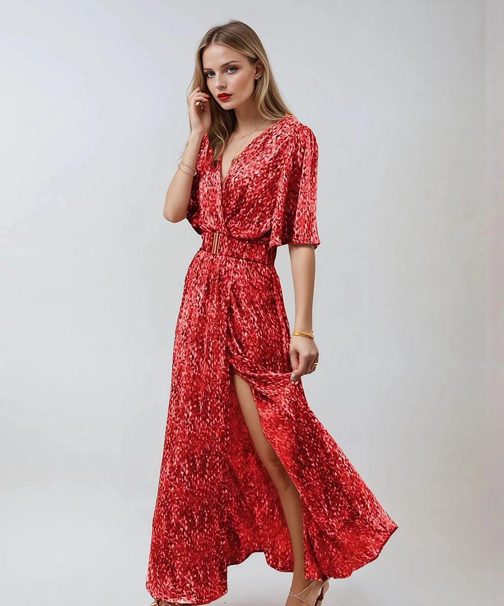 Robe longue bohème d'été à ceinture et fente, du XS au 2XL, rouge vin