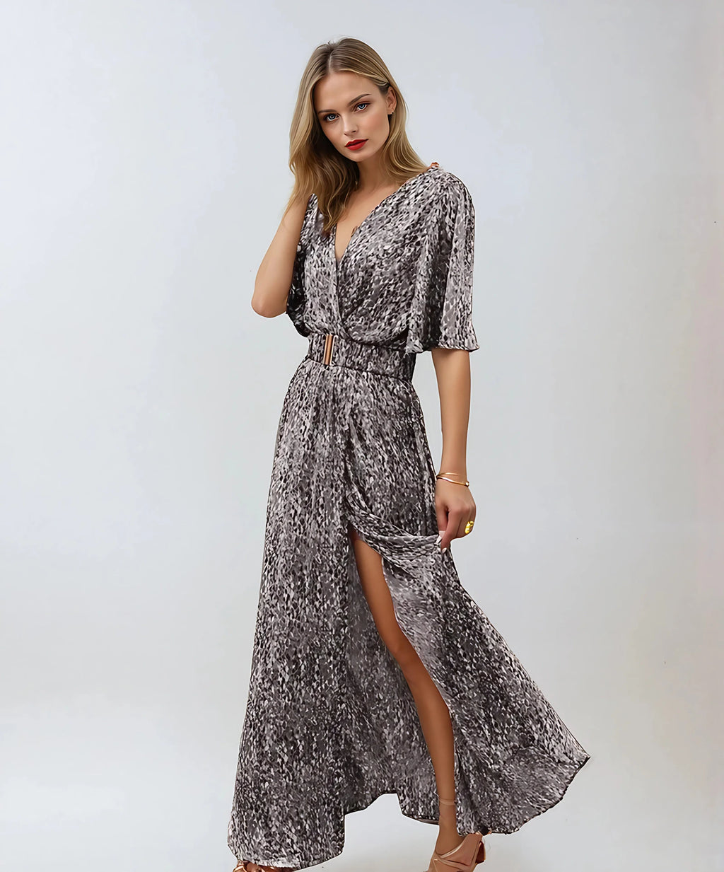 Robe longue bohème d'été à ceinture et fente, du XS au 2XL, gris
