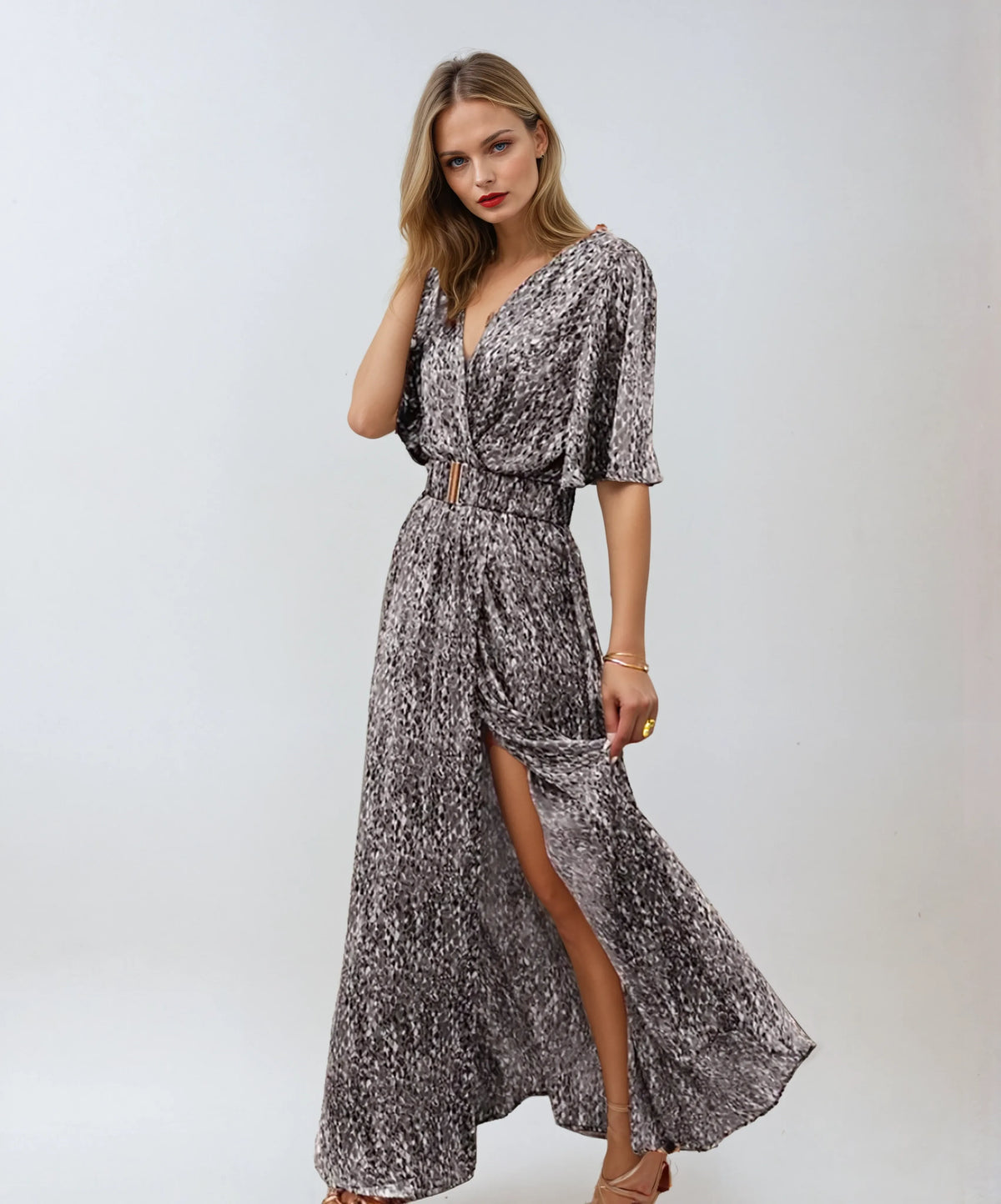 Robe longue bohème d'été à ceinture et fente, du XS au 2XL, gris