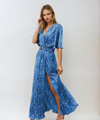 Robe longue bohème d'été à ceinture et fente, du XS au 2XL, bleu
