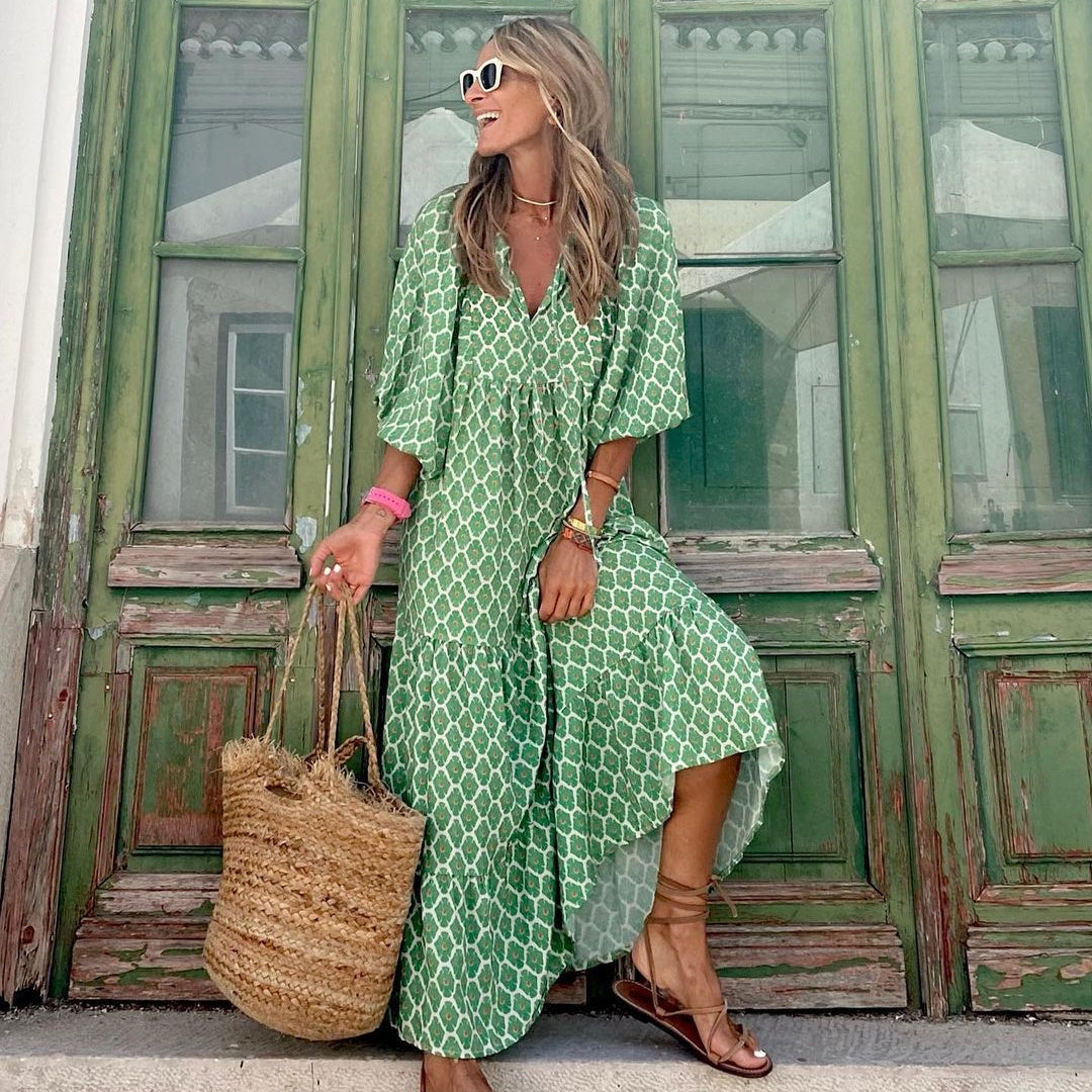Robe longue bohème col V, coupe fluide, du S au 5XL, vert clair