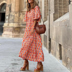 Robe longue bohème col V, coupe fluide, du S au 5XL, rouge et orange