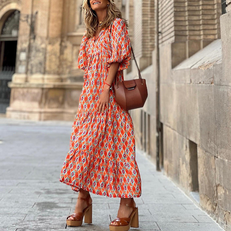 Robe longue bohème col V, coupe fluide, du S au 5XL, rouge et orange