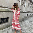 Robe longue bohème col V, coupe fluide, du S au 5XL, rouge et blanc