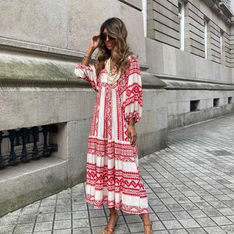 Robe longue bohème col V, coupe fluide, du S au 5XL, rouge et blanc