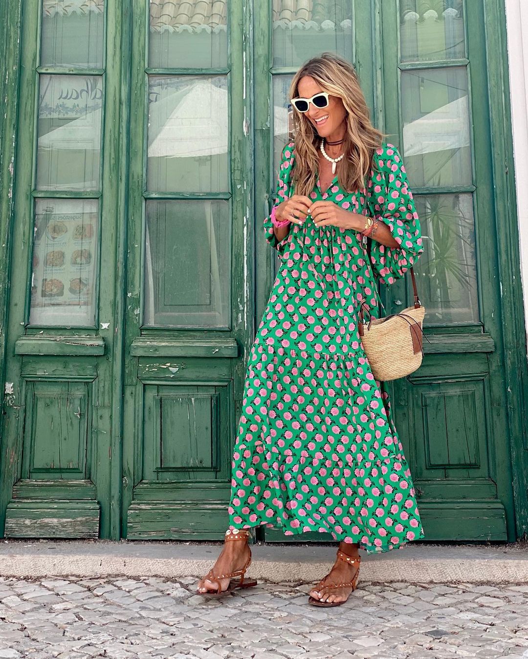 Robe maxi bohème imprimée, coupe longue, du S au 2XL, vert et rose