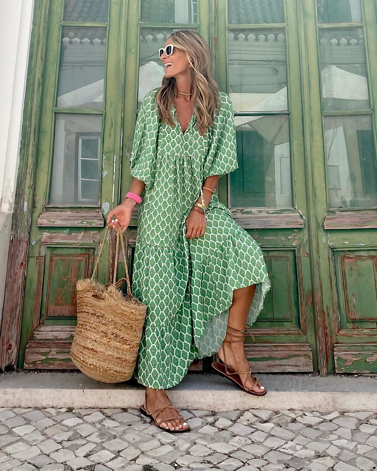 Robe maxi bohème imprimée, coupe longue, du S au 2XL, vert et blanc