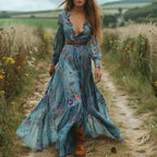 Robe longue bohème femme à volants, coupe fluide, du XS au 3XL, bleu