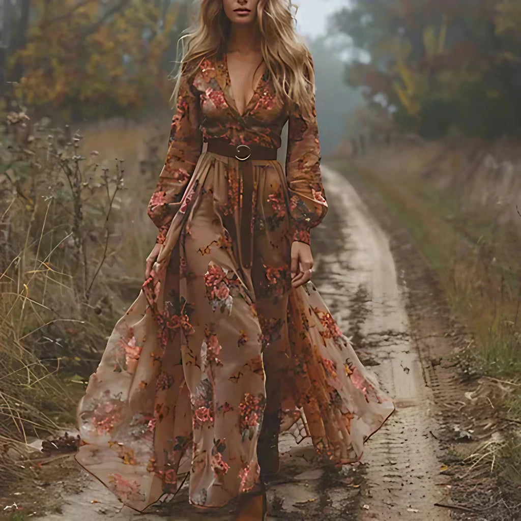 Robe longue bohème femme à volants, coupe fluide, du XS au 3XL, marron