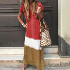 Robe longue bohème femme col V, trois tons, manches courtes, rouge