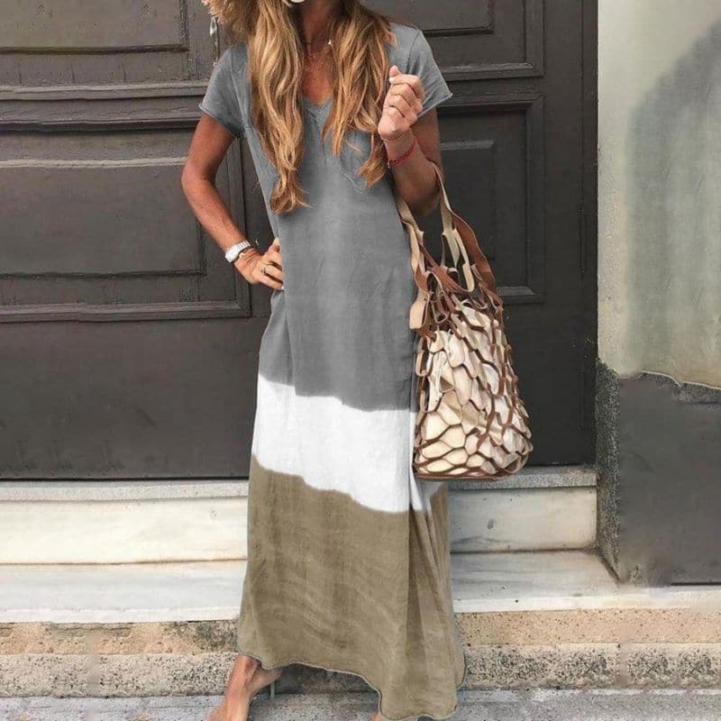Robe longue bohème femme col V, trois tons, manches courtes, gris