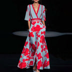 Robe longue fleurie femme cache-cœur, manches mi-longues, bleue, bleu fleuri