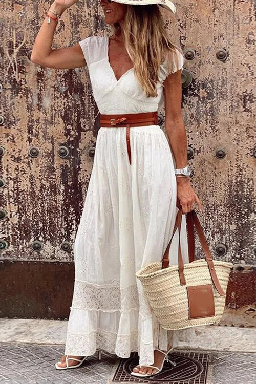 Robe longue en dentelle, col V, manches courtes, blanc ou noir