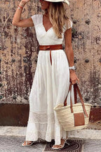 Robe longue en dentelle, col V, manches courtes, blanc ou noir, blanc