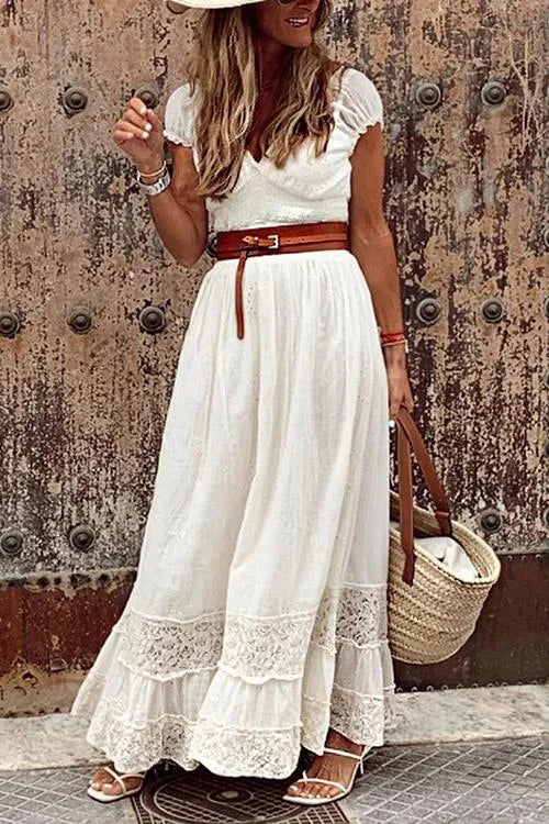 Robe longue en dentelle, col V, manches courtes, blanc ou noir
