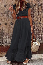 Robe longue en dentelle, col V, manches courtes, blanc ou noir, noir