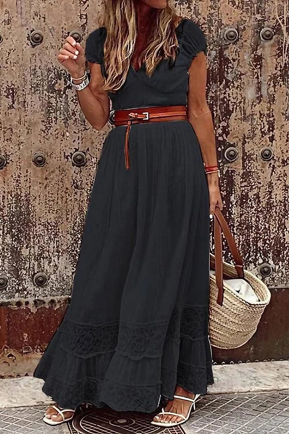 Robe longue en dentelle, col V, manches courtes, blanc ou noir, noir