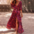 Robe longue imprimée fendue, tissu fluide, du S au 2XL, rouge