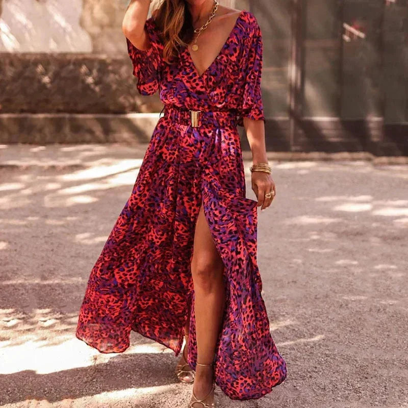 Robe longue imprimée fendue, tissu fluide, du S au 2XL, rouge
