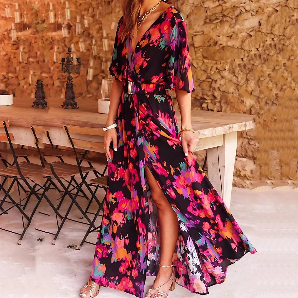 Robe longue imprimée fendue, tissu fluide, du S au 2XL, noir