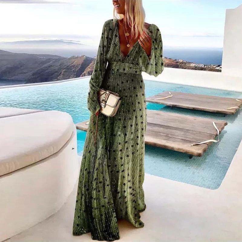 Robe longue à pois femme, coloris vert, du S au 2XL