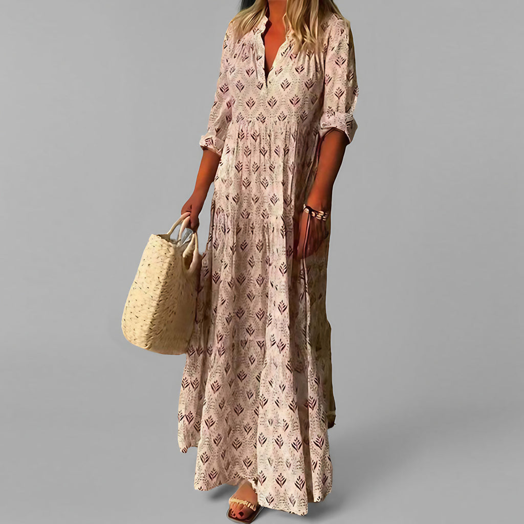Robe maxi femme col V, manches 3/4, motif rétro, coupe ample, rose