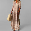 Robe maxi femme col V, manches 3/4, motif rétro, coupe ample, rose