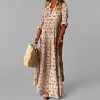 Robe maxi femme col V, manches 3/4, motif rétro, coupe ample, rose