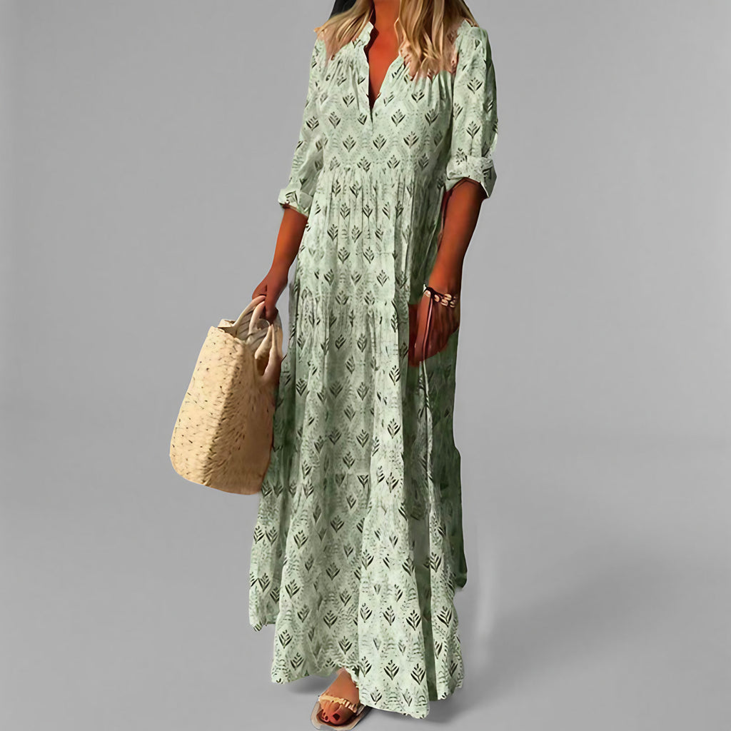 Robe maxi femme col V, manches 3/4, motif rétro, coupe ample, vert