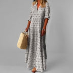 Robe maxi femme col V, manches 3/4, motif rétro, coupe ample, gris