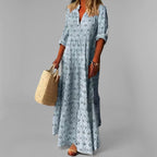 Robe maxi femme col V, manches 3/4, motif rétro, coupe ample, bleu