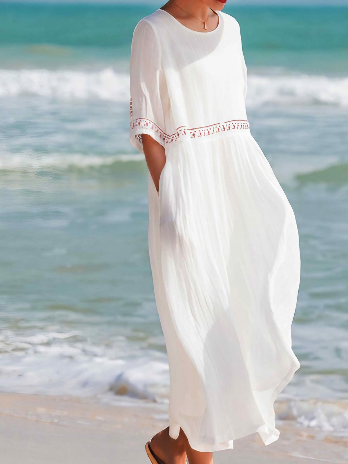 Robe maxi brodée femme à manches courtes, blanc ou rouge, blanc