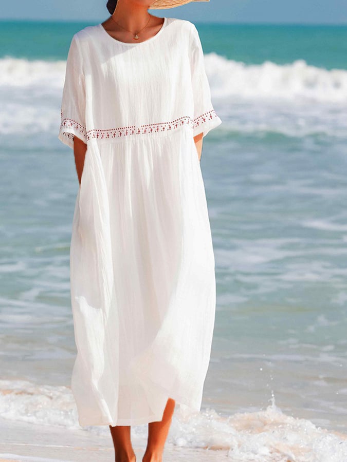 Robe maxi brodée femme à manches courtes, blanc ou rouge