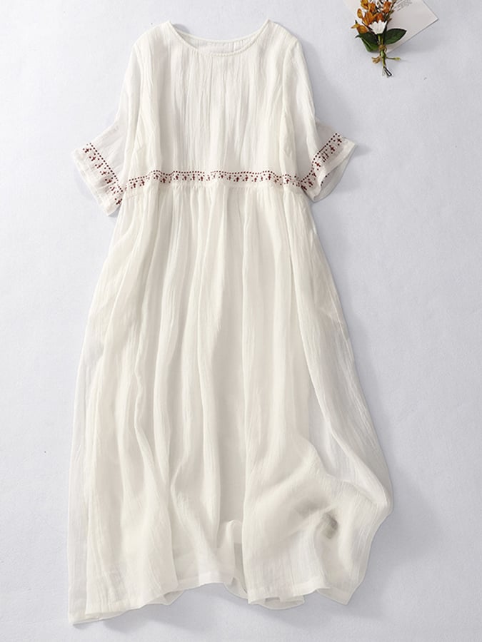 Robe maxi brodée femme à manches courtes, blanc ou rouge