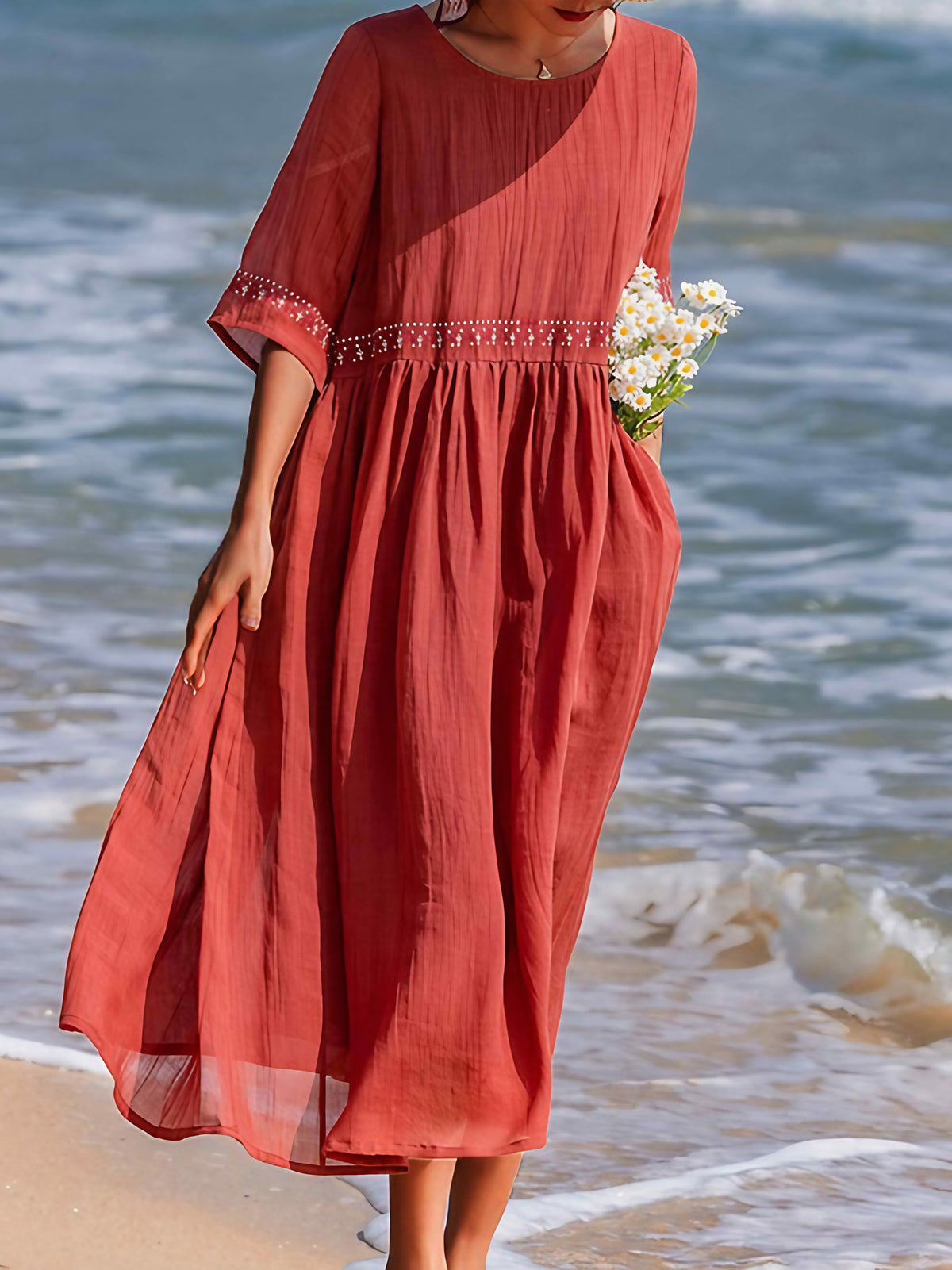 Robe maxi brodée femme à manches courtes, blanc ou rouge, rouge