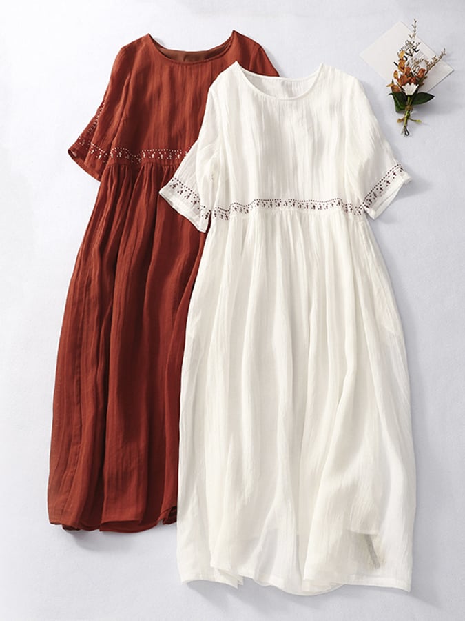 Robe maxi brodée femme à manches courtes, blanc ou rouge