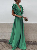 Robe maxi femme à col V, coupe fluide, quatre coloris, vert