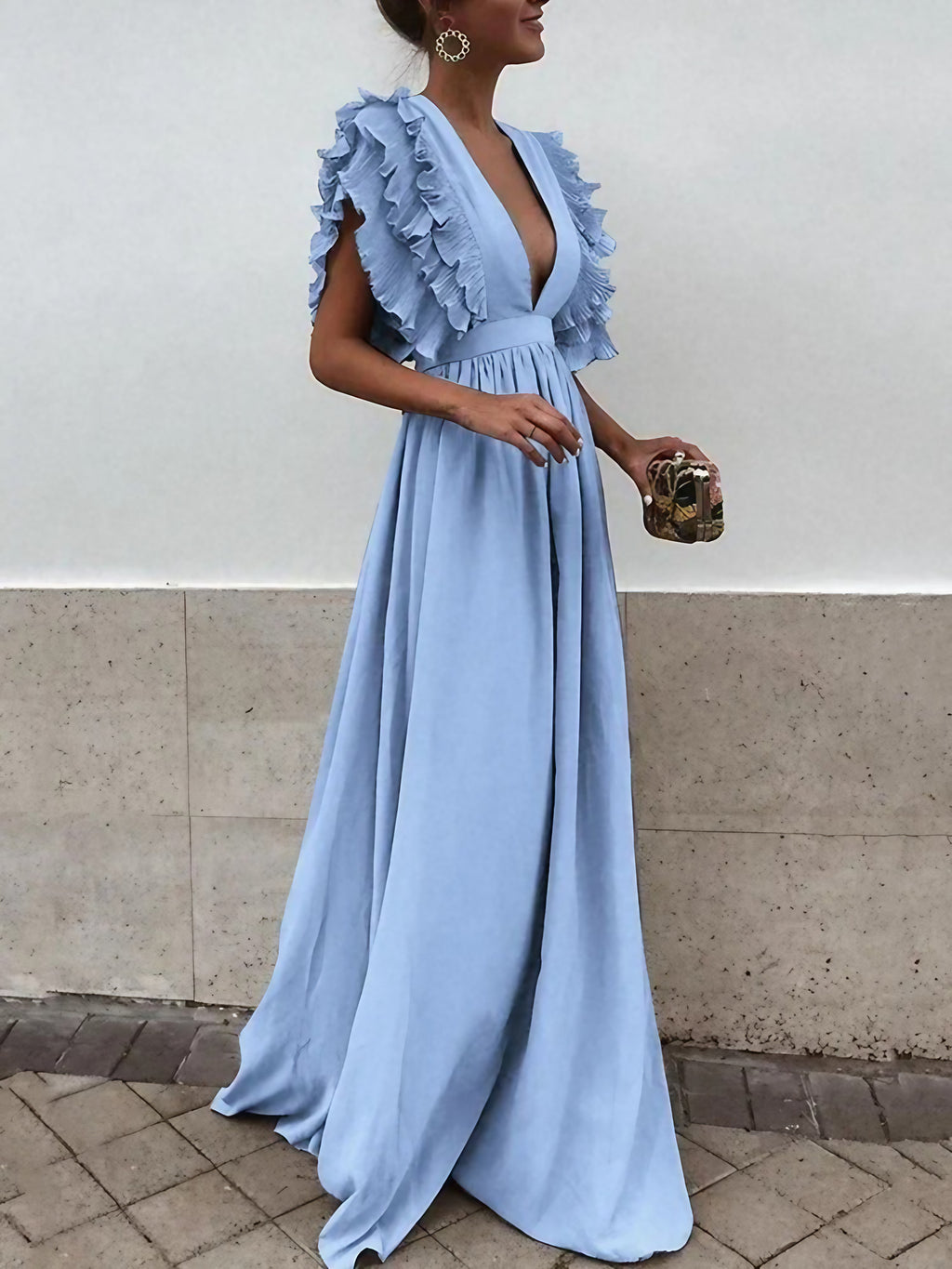 Robe maxi femme à col V, coupe fluide, quatre coloris, bleu clair
