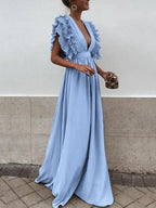 Robe maxi femme à col V, coupe fluide, quatre coloris, bleu clair