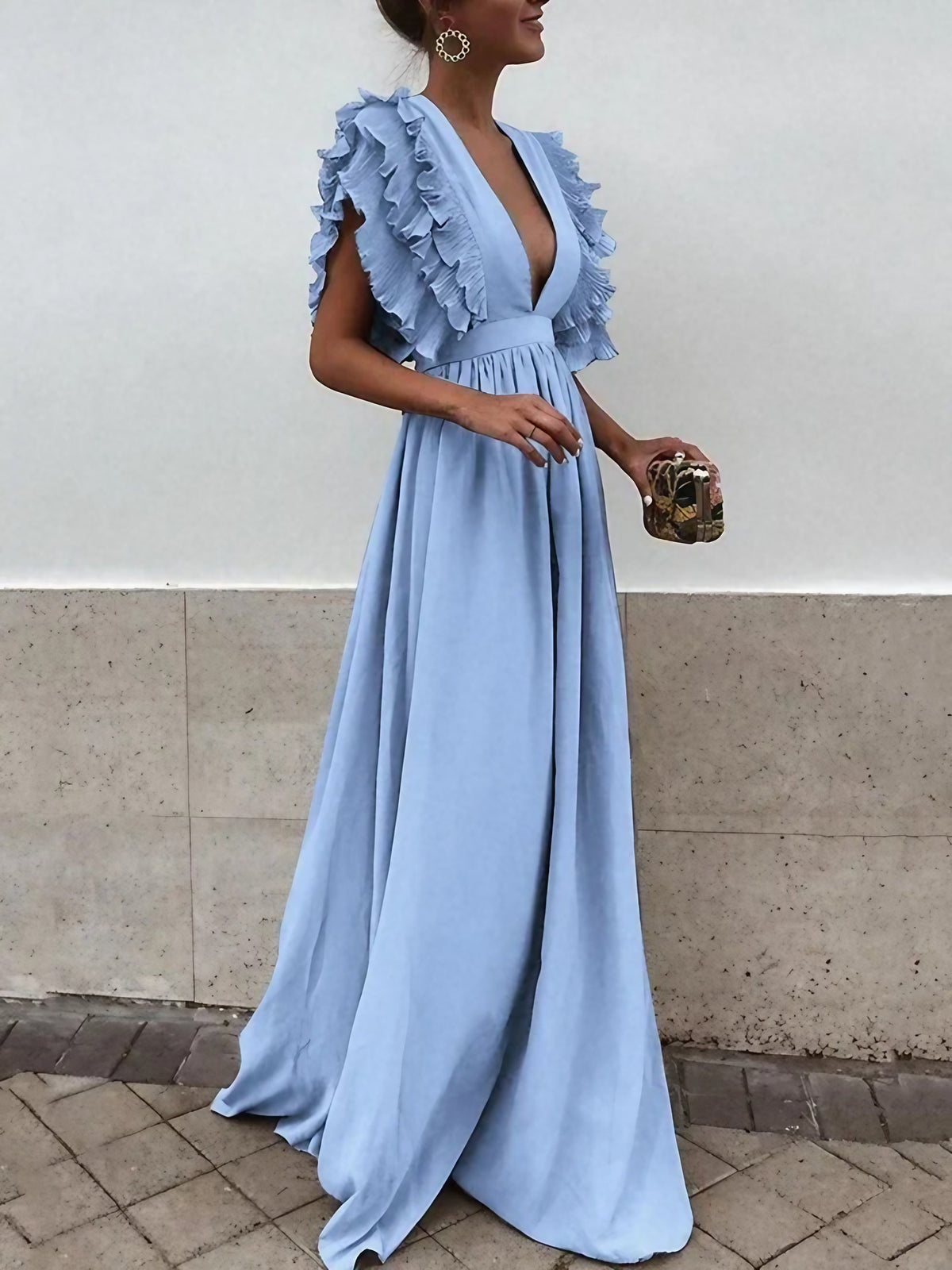 Robe maxi femme à col V, coupe fluide, quatre coloris, bleu clair