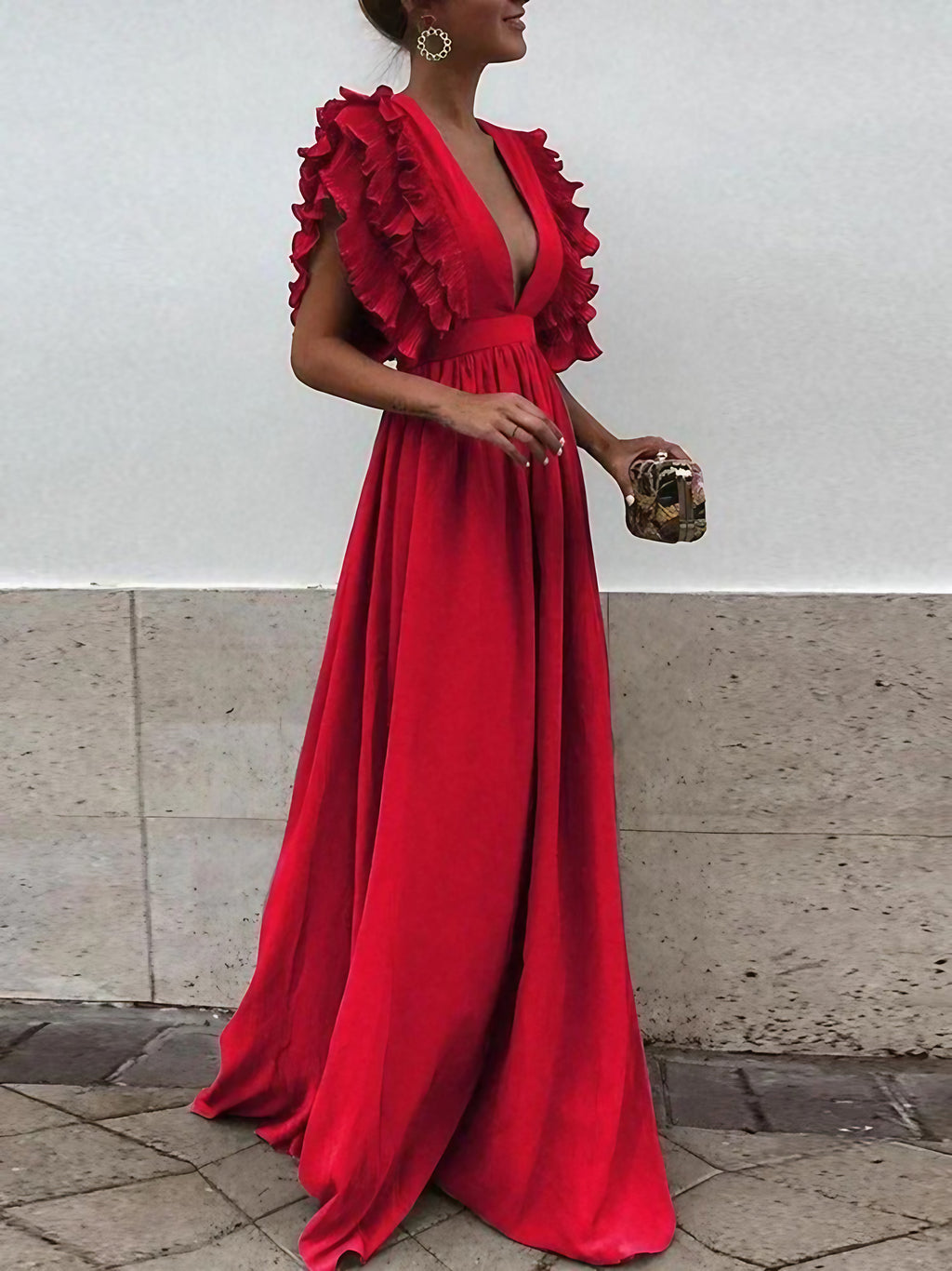 Robe maxi femme à col V, coupe fluide, quatre coloris, rouge