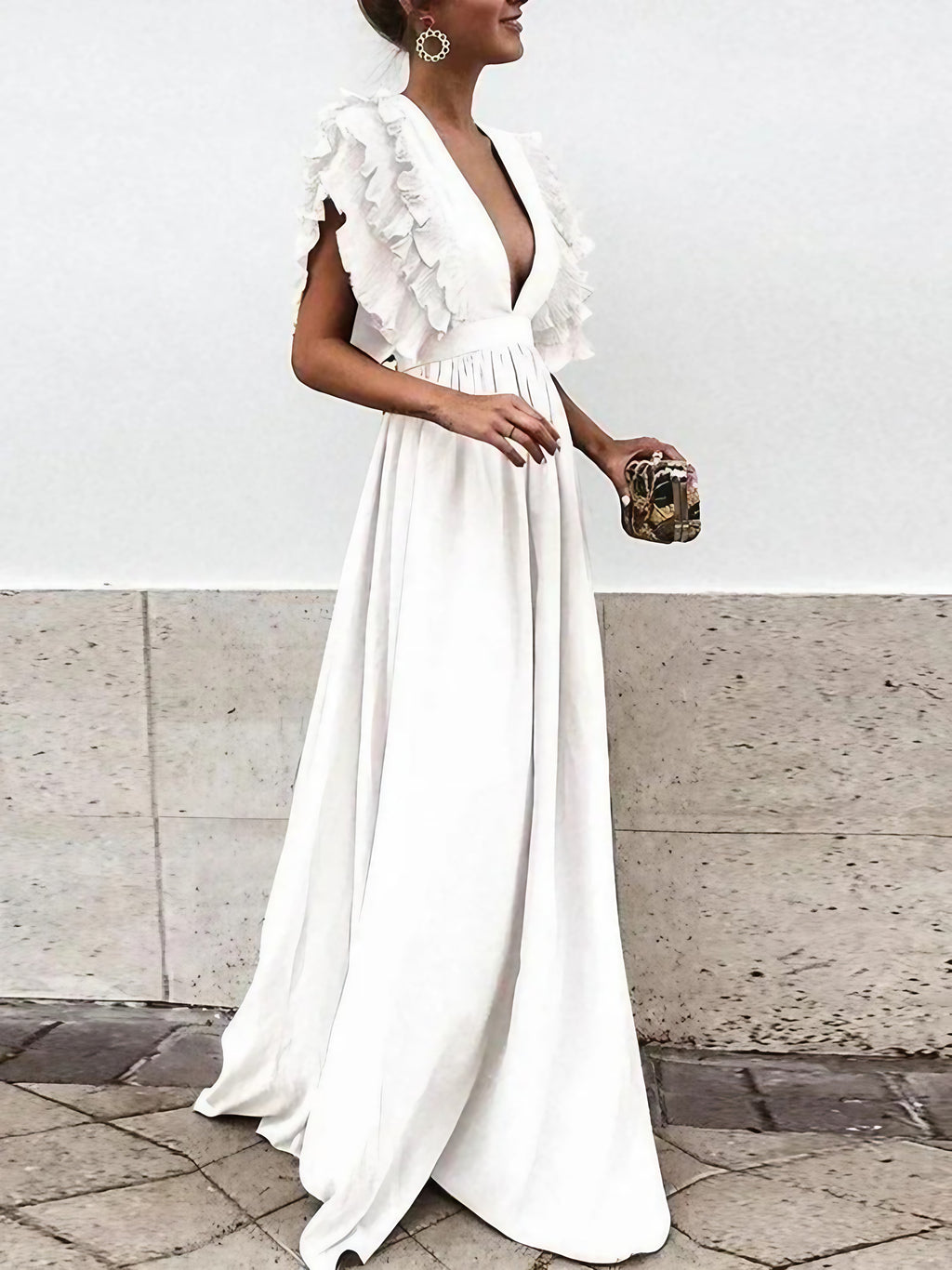 Robe maxi femme à col V, coupe fluide, quatre coloris, blanc