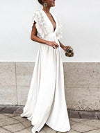 Robe maxi femme à col V, coupe fluide, quatre coloris, blanc