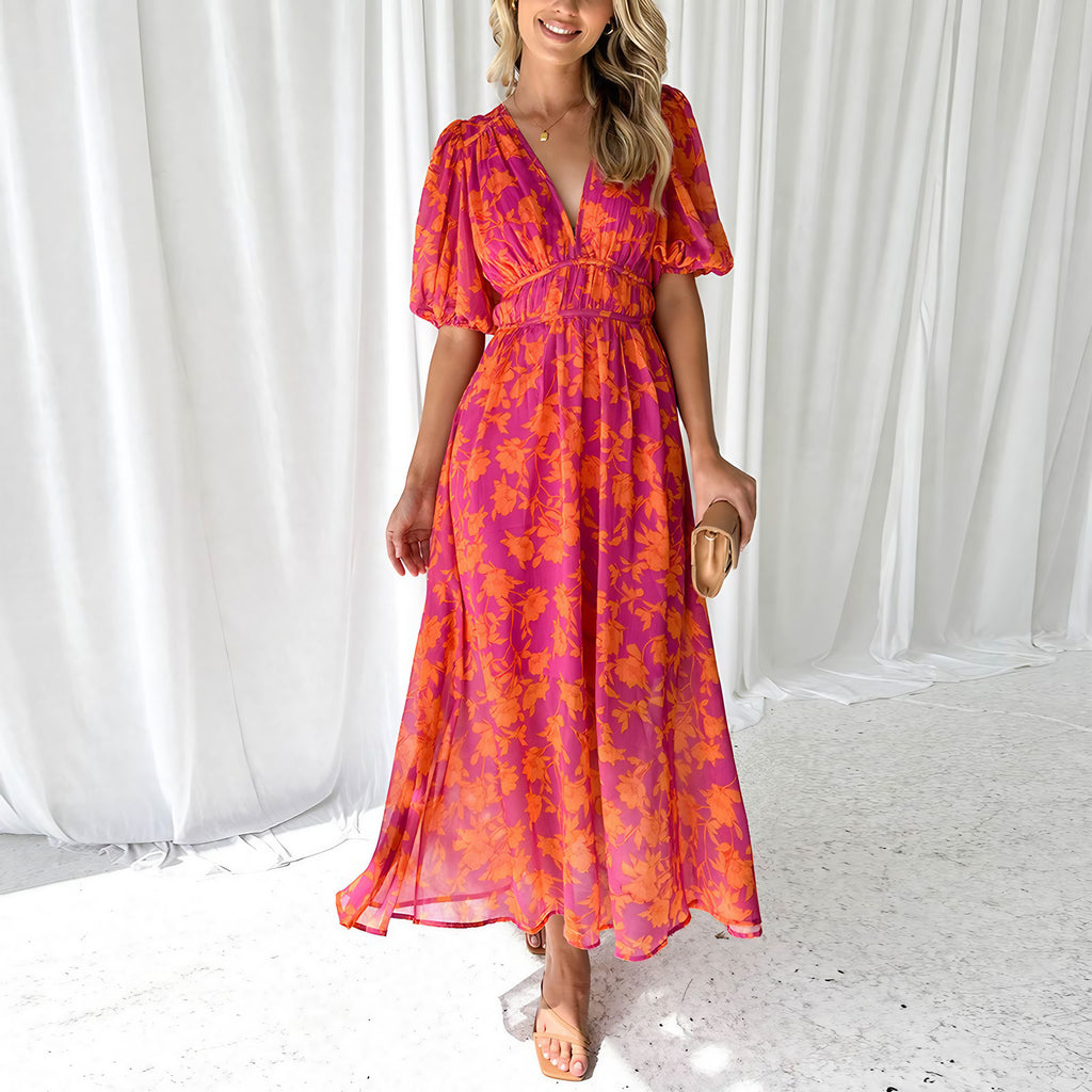 Robe longue col V évasée sans manches, pour mariage et soirée, orange 1