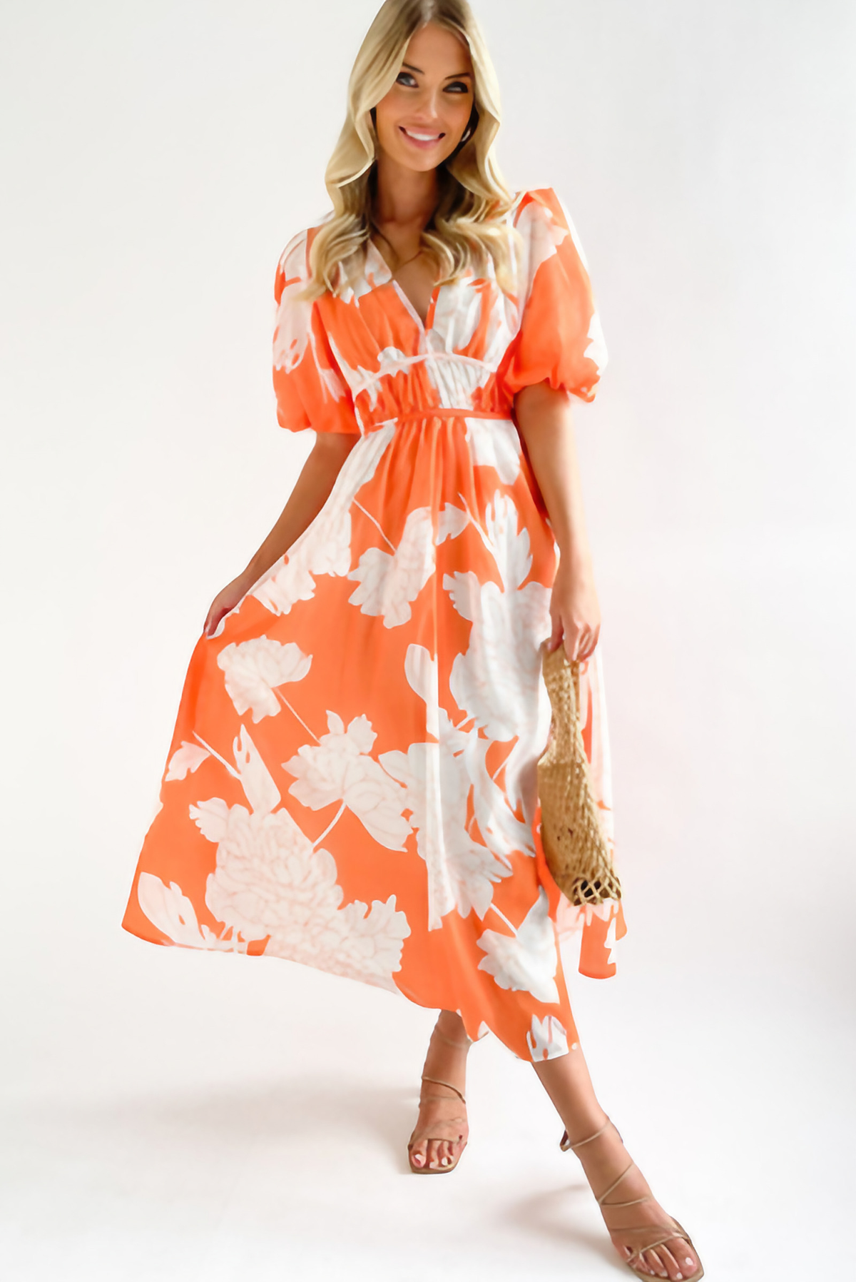 Robe longue col V évasée sans manches, pour mariage et soirée, orange 2