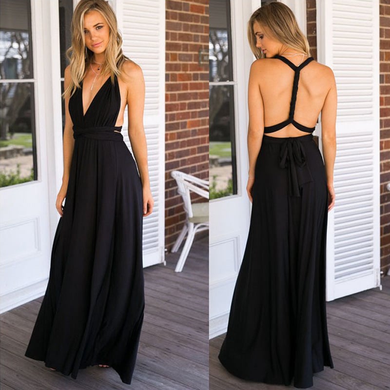 Robe longue dos ouvert femme pour invitée de mariage, noir