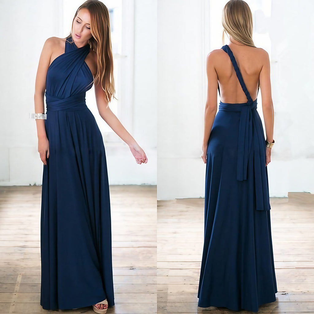 Robe longue dos ouvert femme pour invitée de mariage, bleu foncé